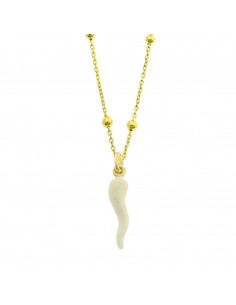 Collana a sfere alternate da 2,5 mm con corno pendente smaltato bianco in argento 925 placcato oro giallo