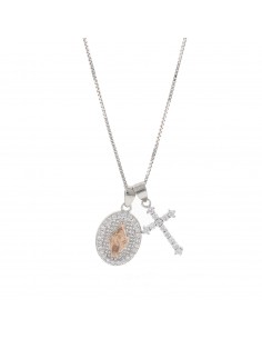 Collana con medaglia miracolosa e croce zirconata in argento 925 placcata oro bianco e rosa