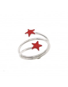 Anello spirale a 3 giri con stelle smaltate rosse in argento 925 rodiato